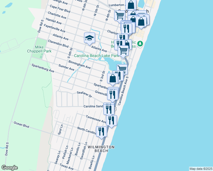 map of restaurants, bars, coffee shops, grocery stores, and more near 208 Greenville Avenue in Carolina Beach