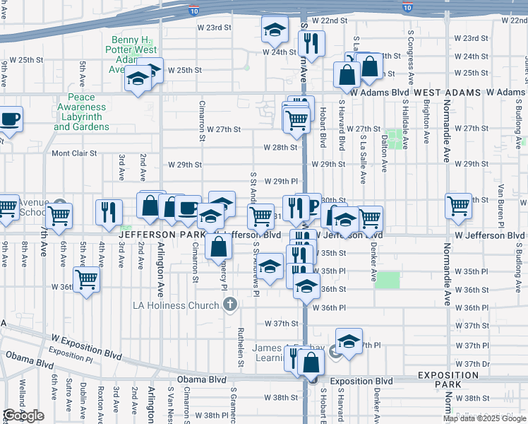 map of restaurants, bars, coffee shops, grocery stores, and more near 2081 West 31st Street in Los Angeles