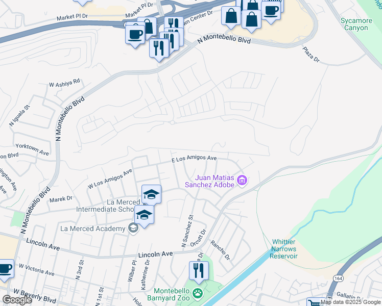 map of restaurants, bars, coffee shops, grocery stores, and more near 424 East Los Amigos Avenue in Montebello