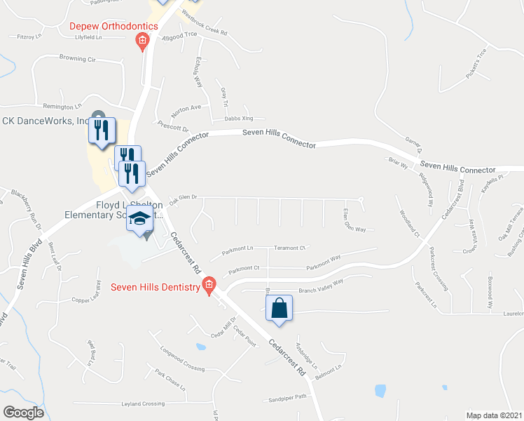 map of restaurants, bars, coffee shops, grocery stores, and more near 45 Oak Vale Lane in Dallas