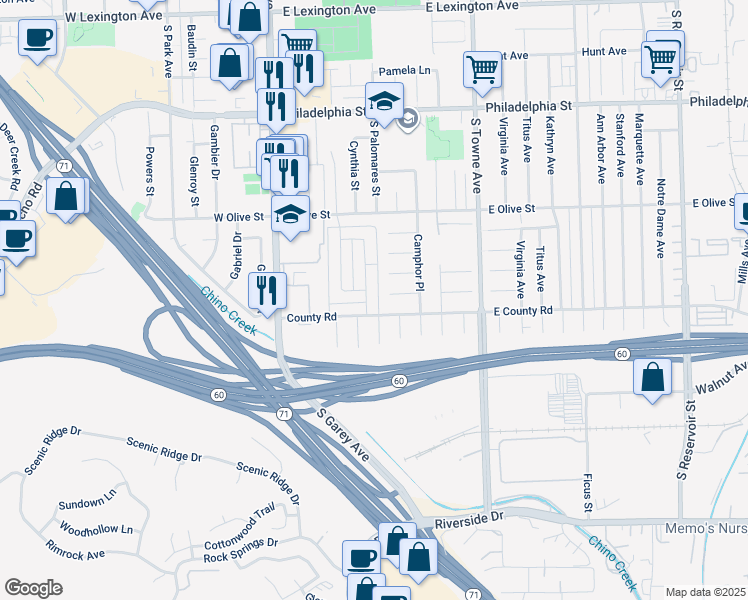 map of restaurants, bars, coffee shops, grocery stores, and more near 2502 Chestnut Place in Pomona