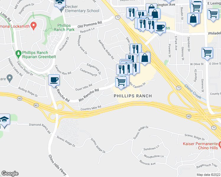 map of restaurants, bars, coffee shops, grocery stores, and more near 63 Carriage Way in Pomona