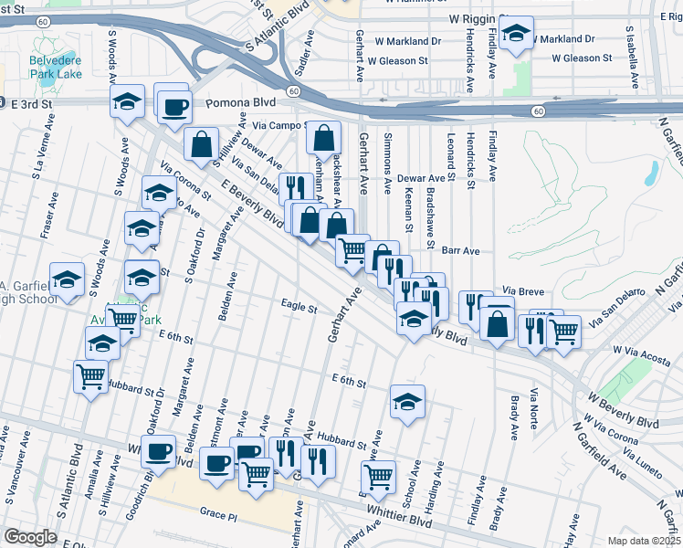 map of restaurants, bars, coffee shops, grocery stores, and more near in East Los Angeles