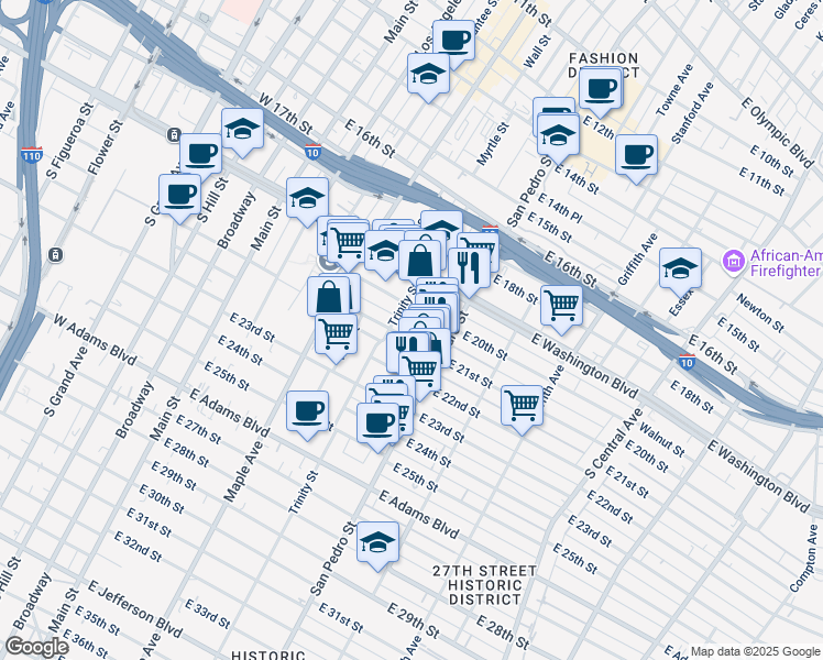 map of restaurants, bars, coffee shops, grocery stores, and more near 2115 Adair Street in Los Angeles