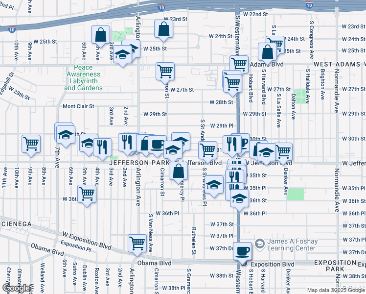 map of restaurants, bars, coffee shops, grocery stores, and more near 1955 West Jefferson Boulevard in Los Angeles