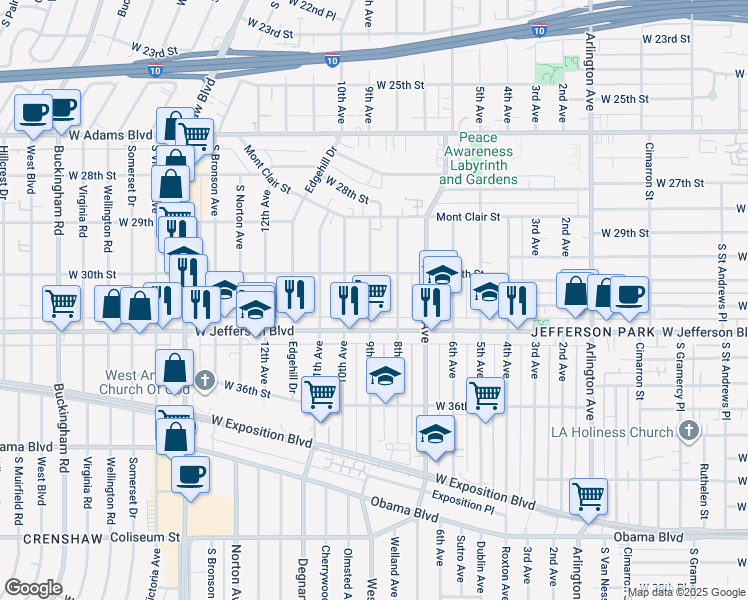 map of restaurants, bars, coffee shops, grocery stores, and more near 2911 West Jefferson Boulevard in Los Angeles