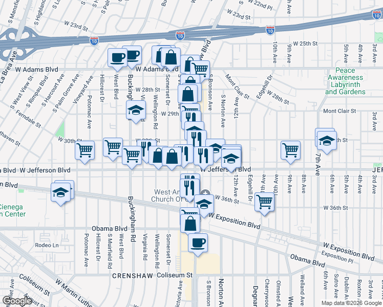 map of restaurants, bars, coffee shops, grocery stores, and more near in Los Angeles