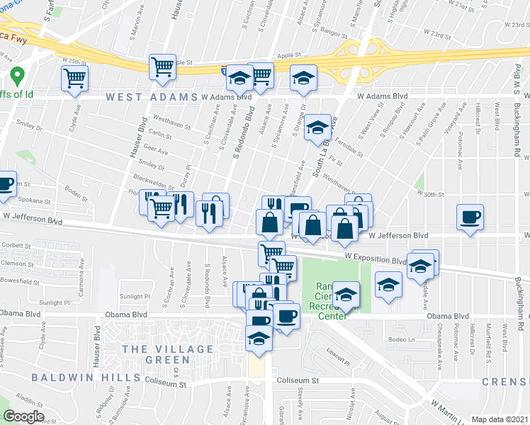 map of restaurants, bars, coffee shops, grocery stores, and more near 3019 South Orange Drive in Los Angeles