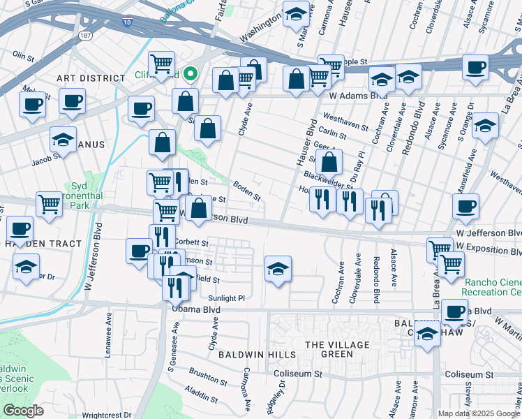 map of restaurants, bars, coffee shops, grocery stores, and more near 3021 Carmona Avenue in Los Angeles