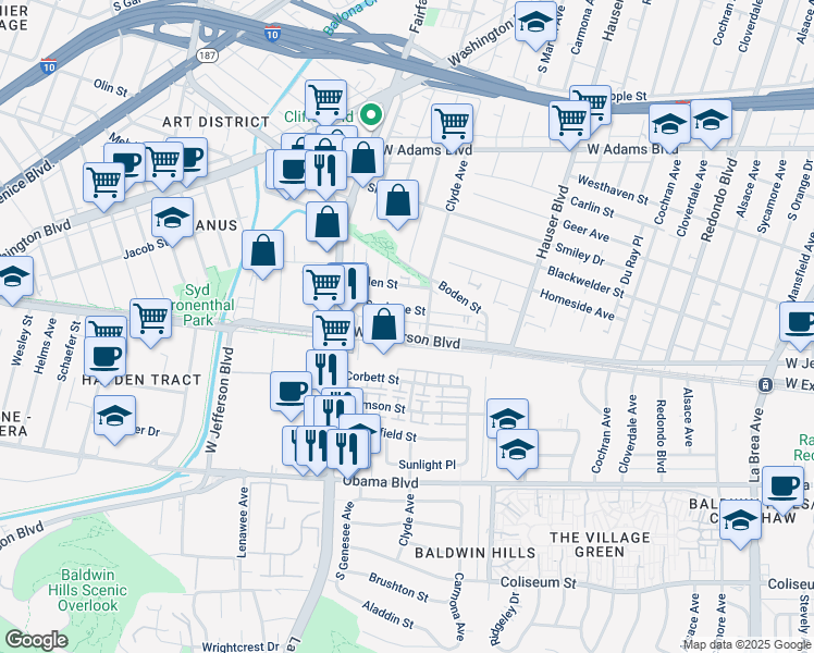 map of restaurants, bars, coffee shops, grocery stores, and more near 5722 West Jefferson Boulevard in Los Angeles