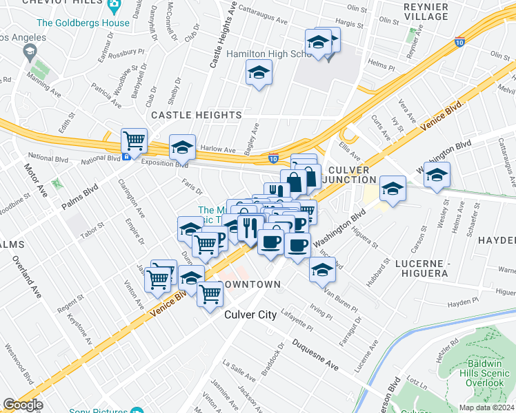 map of restaurants, bars, coffee shops, grocery stores, and more near 3756/219 Cardiff Avenue in Los Angeles