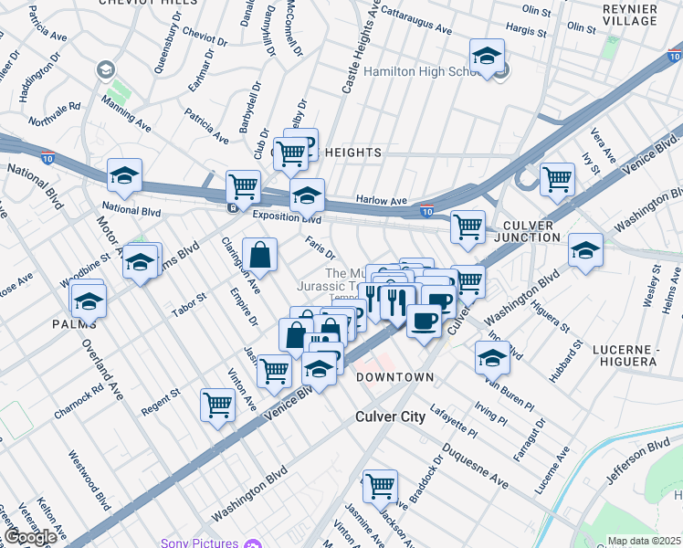 map of restaurants, bars, coffee shops, grocery stores, and more near 9732 Regent Street in Los Angeles