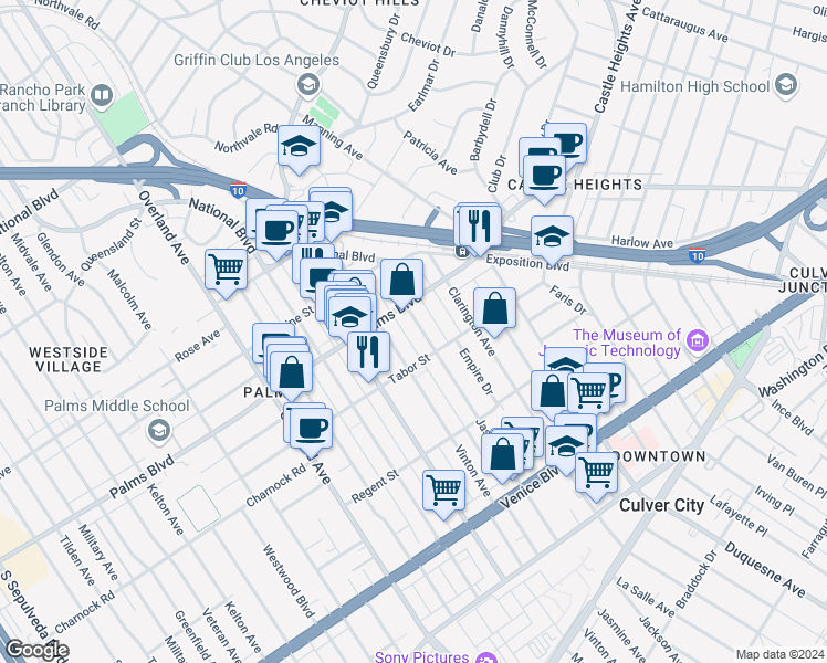 map of restaurants, bars, coffee shops, grocery stores, and more near 10203 Tabor Street in Los Angeles