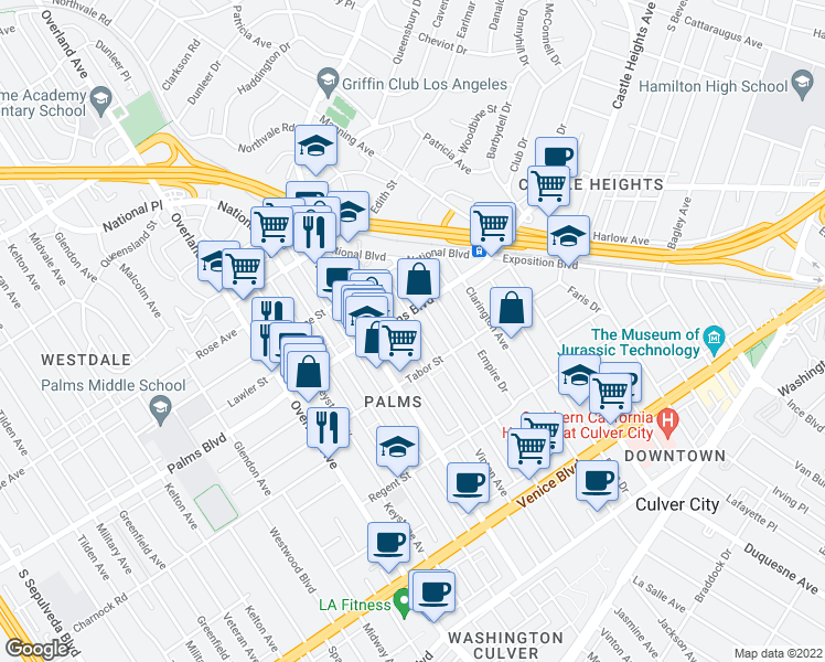 map of restaurants, bars, coffee shops, grocery stores, and more near 3520 Motor Avenue in Los Angeles
