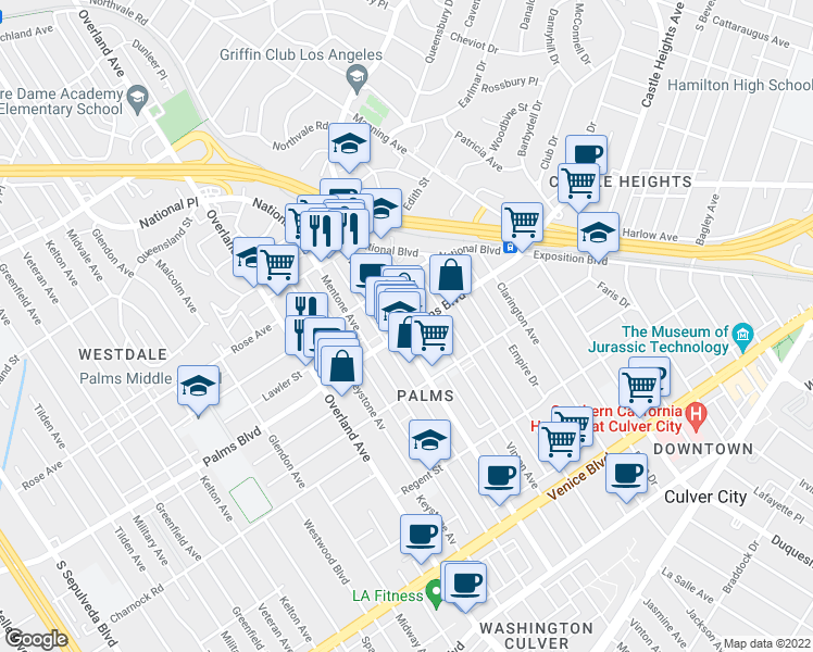 map of restaurants, bars, coffee shops, grocery stores, and more near in Los Angeles