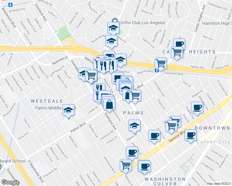 map of restaurants, bars, coffee shops, grocery stores, and more near 10509 Palms Boulevard in Los Angeles