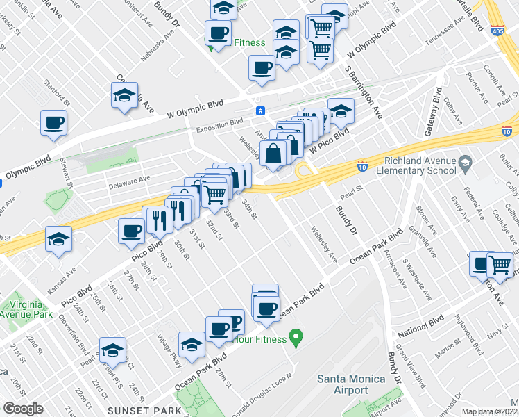 map of restaurants, bars, coffee shops, grocery stores, and more near 2410 34th Street in Santa Monica