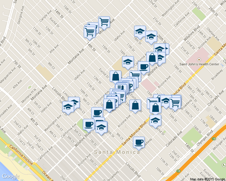 map of restaurants, bars, coffee shops, grocery stores, and more near in Santa Monica