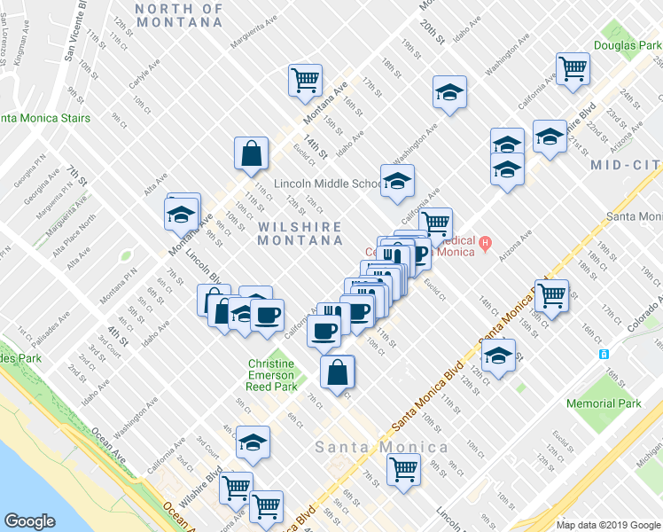 map of restaurants, bars, coffee shops, grocery stores, and more near 1042 11th Street in Santa Monica