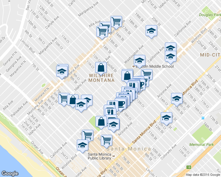 map of restaurants, bars, coffee shops, grocery stores, and more near 1042 11th Street in Santa Monica