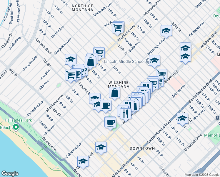 map of restaurants, bars, coffee shops, grocery stores, and more near 1018 10th Street in Santa Monica