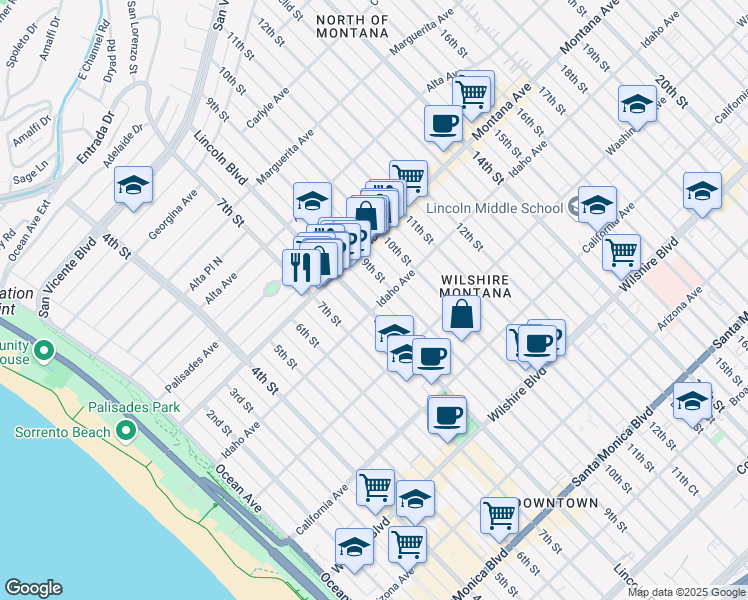 map of restaurants, bars, coffee shops, grocery stores, and more near 917 Lincoln Boulevard in Santa Monica