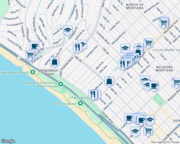 map of restaurants, bars, coffee shops, grocery stores, and more near 313 Alta Avenue in Santa Monica
