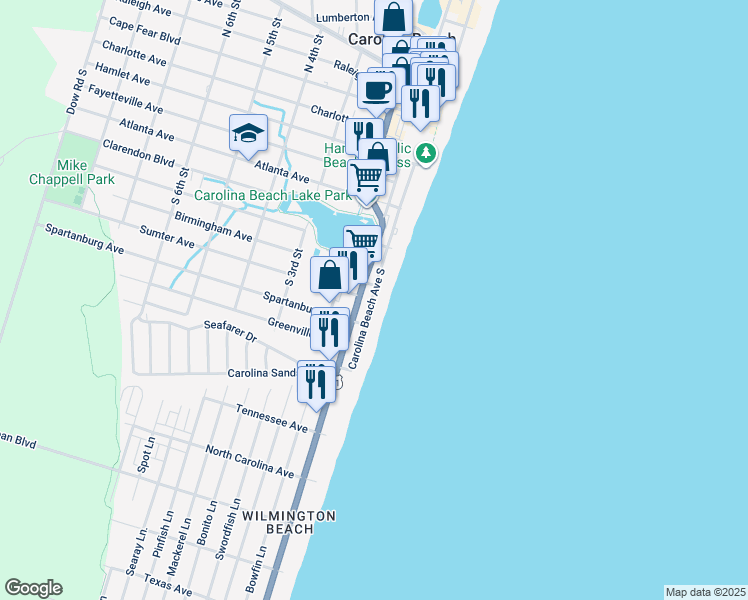 map of restaurants, bars, coffee shops, grocery stores, and more near 705 Carolina Beach Avenue South in Carolina Beach