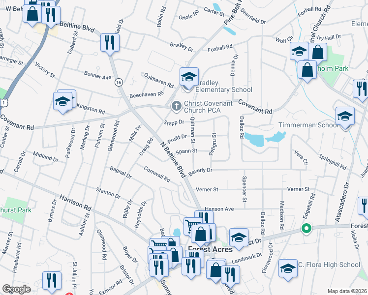 map of restaurants, bars, coffee shops, grocery stores, and more near 2814 Spann Street in Columbia