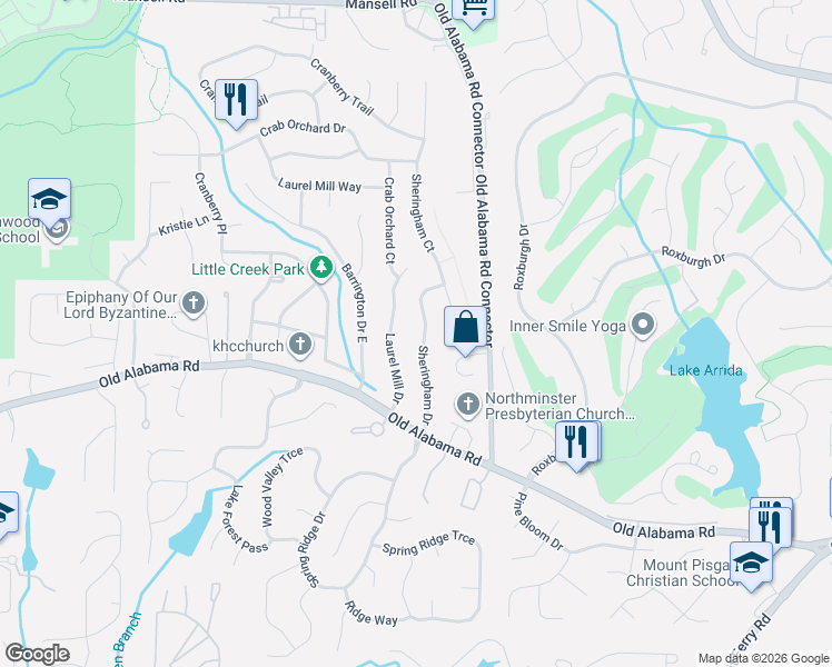 map of restaurants, bars, coffee shops, grocery stores, and more near 180 Sheringham Drive in Roswell