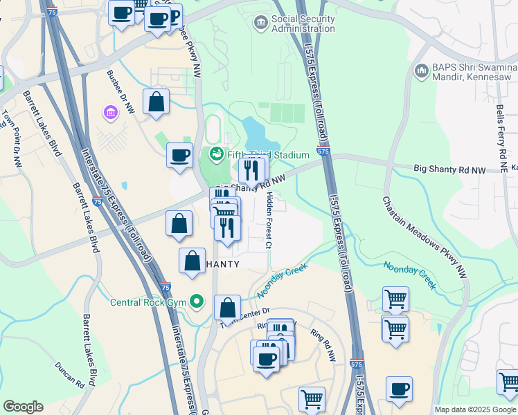 map of restaurants, bars, coffee shops, grocery stores, and more near 3039 Hidden Forest Court in Marietta