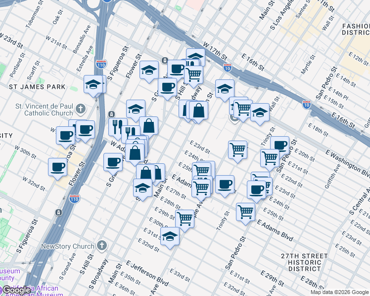 map of restaurants, bars, coffee shops, grocery stores, and more near 2410 South Main Street in Los Angeles
