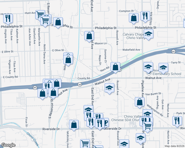 map of restaurants, bars, coffee shops, grocery stores, and more near 12482 East End Avenue in Chino