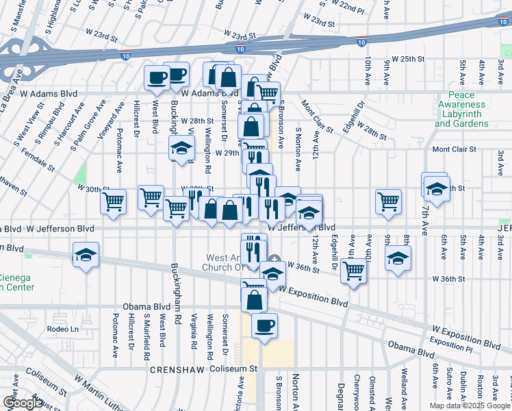 map of restaurants, bars, coffee shops, grocery stores, and more near 3045 Crenshaw Boulevard in Los Angeles