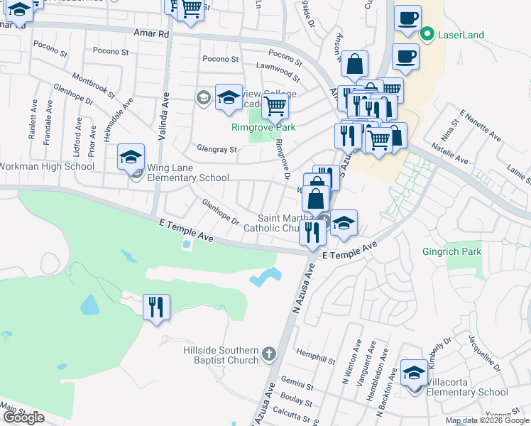 map of restaurants, bars, coffee shops, grocery stores, and more near 502 Mangate Avenue in La Puente