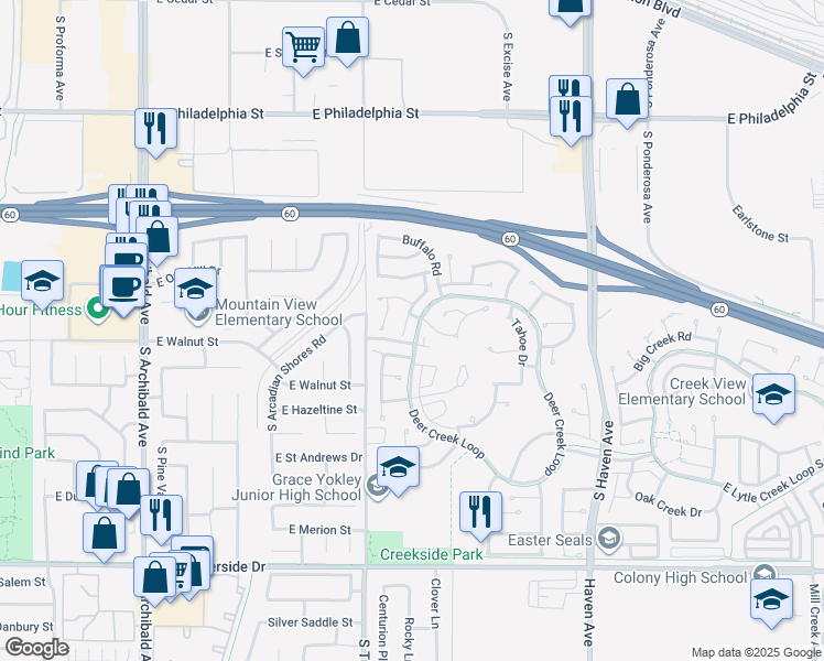 map of restaurants, bars, coffee shops, grocery stores, and more near 2531 Moosedeer Drive in Ontario