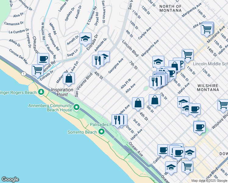 map of restaurants, bars, coffee shops, grocery stores, and more near 313 Alta Avenue in Santa Monica