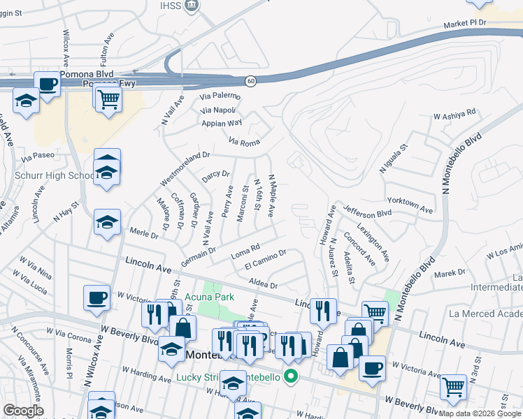 map of restaurants, bars, coffee shops, grocery stores, and more near 820 North 16th Street in Montebello