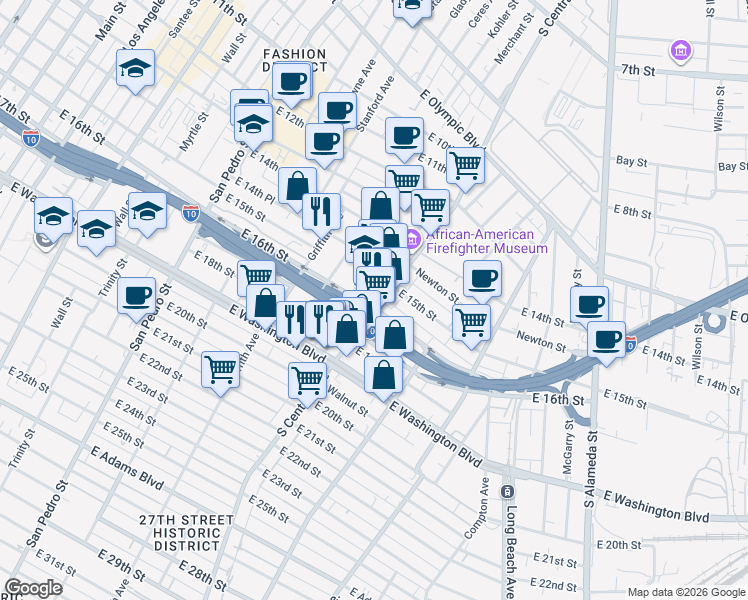 map of restaurants, bars, coffee shops, grocery stores, and more near 1541 South Central Avenue in Los Angeles