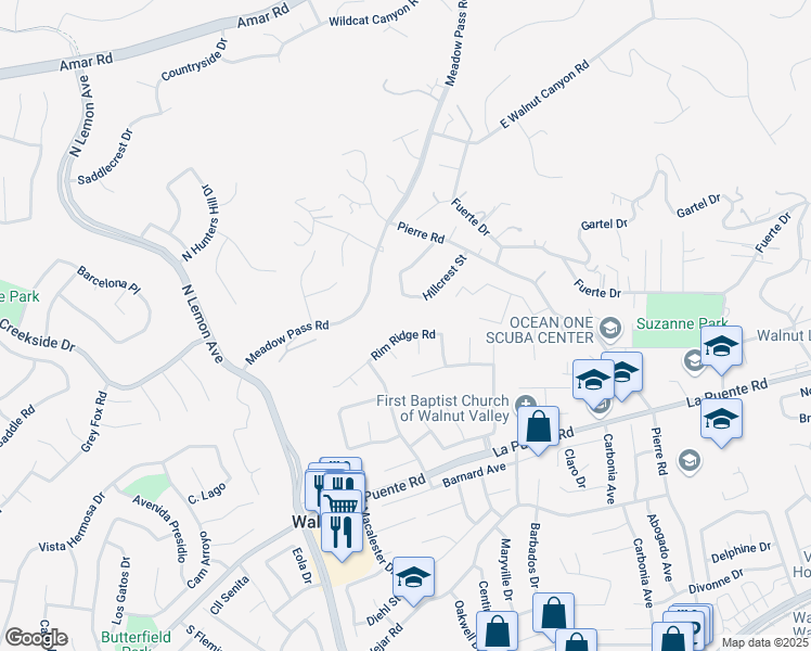 map of restaurants, bars, coffee shops, grocery stores, and more near 20329 Rim Ridge Road in Walnut
