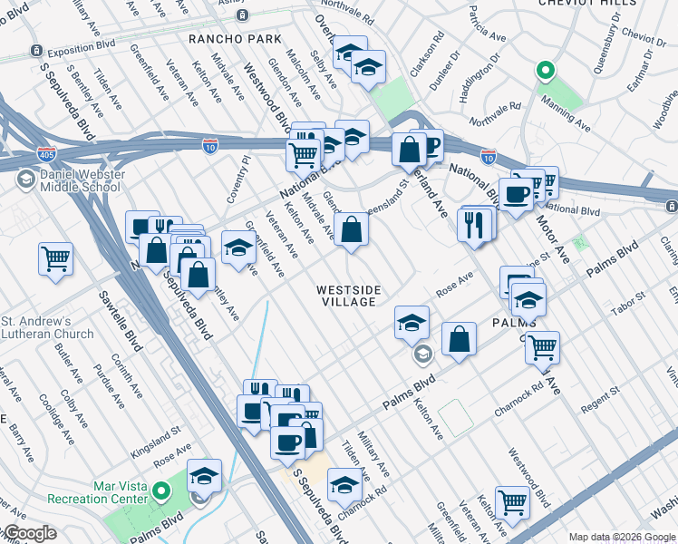 map of restaurants, bars, coffee shops, grocery stores, and more near 3230 Kelton Avenue in Los Angeles