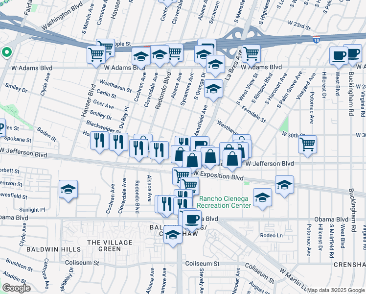 map of restaurants, bars, coffee shops, grocery stores, and more near 3019 South Orange Drive in Los Angeles