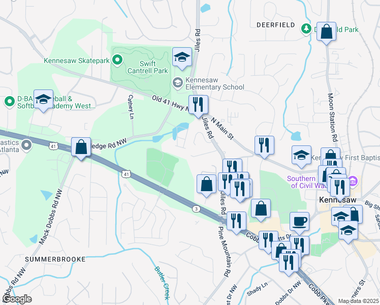 map of restaurants, bars, coffee shops, grocery stores, and more near 1043 Kennesborough Road Northwest in Kennesaw
