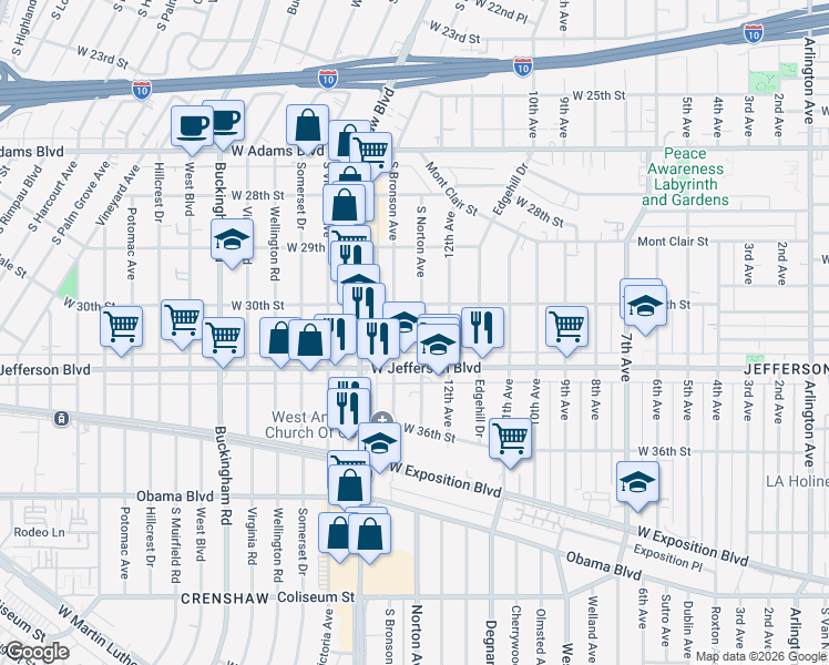 map of restaurants, bars, coffee shops, grocery stores, and more near 3029 South Norton Avenue in Los Angeles