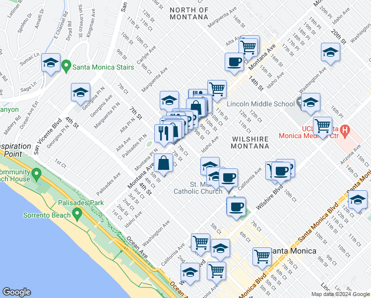 map of restaurants, bars, coffee shops, grocery stores, and more near 828 Lincoln Boulevard in Santa Monica