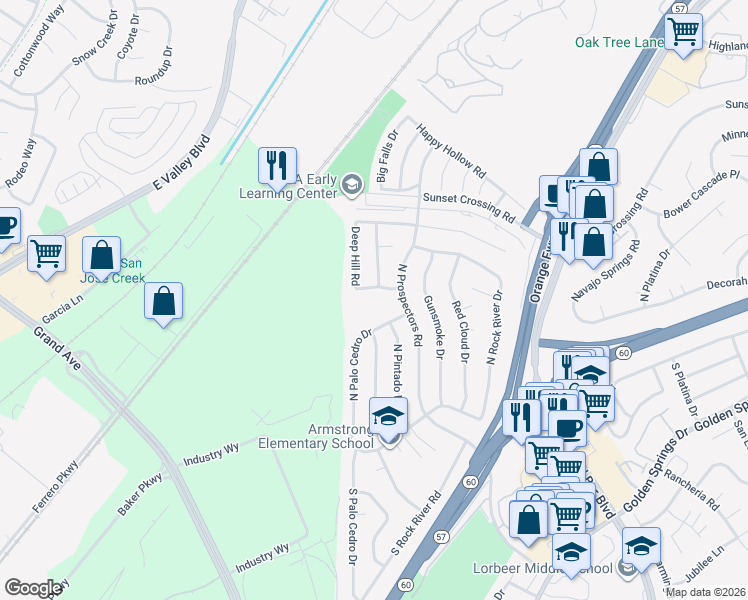 map of restaurants, bars, coffee shops, grocery stores, and more near 341 North Palo Cedro Drive in Diamond Bar