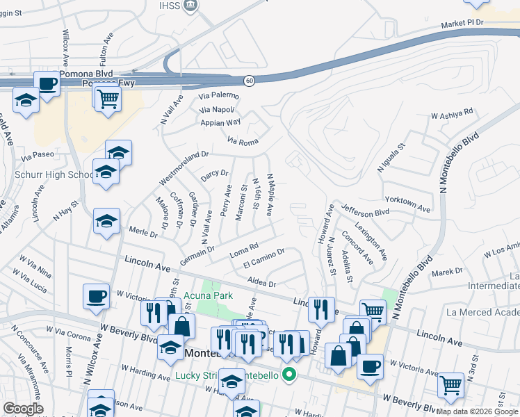 map of restaurants, bars, coffee shops, grocery stores, and more near 820 North 16th Street in Montebello