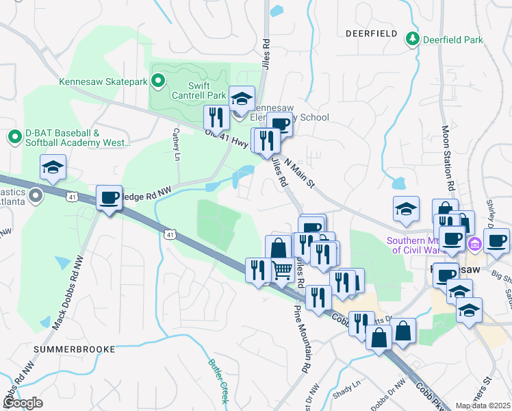 map of restaurants, bars, coffee shops, grocery stores, and more near 1043 Kennesborough Road Northwest in Kennesaw