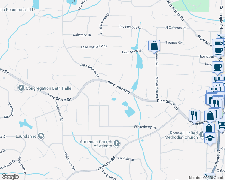 map of restaurants, bars, coffee shops, grocery stores, and more near 120 Lynwood Dr in Roswell