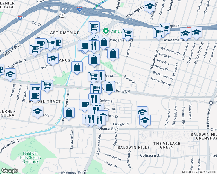 map of restaurants, bars, coffee shops, grocery stores, and more near 5649 West Jefferson Boulevard in Los Angeles